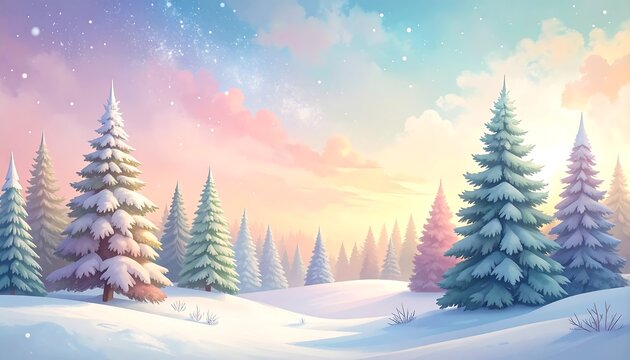 A winter wonderland scene showcases a serene landscape with snow-covered evergreen trees under a pastel sunrise.