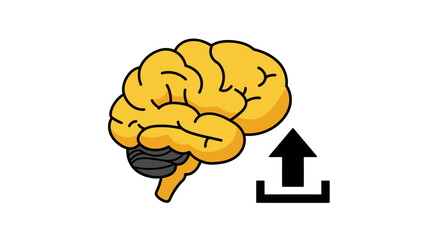 A stylized yellow human brain with a gray cerebellum shown next to a black upload icon, symbolizing knowledge transfer or digital thought.