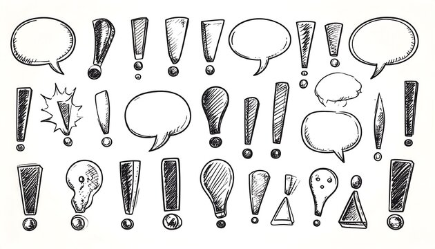 Hand-drawn collection of various exclamation points and speech bubbles, showcasing diverse styles and expressions.