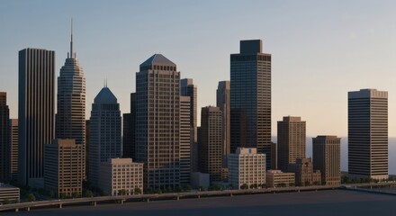 Fototapeta premium City skyline at sunrise. Modern skyscrapers line a waterfront