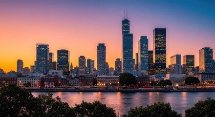 Obraz premium City skyline at sunset over a river. Modern skyscrapers, low buildings, trees, and calm water. Warm colors of the sky