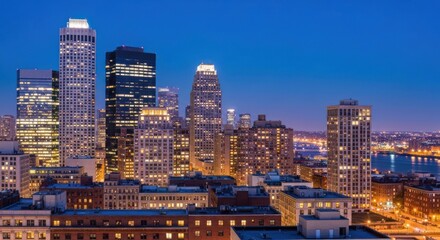 Obraz premium City skyline at twilight, illuminated buildings