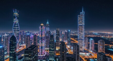 Obraz premium Cityscape at night, illuminated skyscrapers
