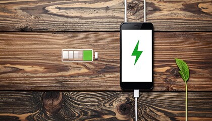 A modern smartphone is charging on a rustic wooden surface, with a graphic battery indicator and a green leaf, displaying a concept of sustainable technology.