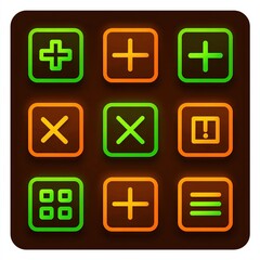 Obraz premium Green Orange UI Control Icons Set with Plus Minus Exclamation Menu, Web Application Interface Elements, Interactive Design Function Button Group