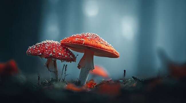 Two vibrant red toadstools in a misty forest