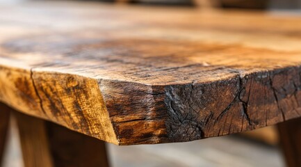 Close-up of a rustic wooden table edge.  A natural wood grain with visible knots and variations in color.  The edge appears to be a slab cut.  Wooden table top