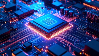 Close-up view of a computer processor, glowing with orange and blue highlights, intricate circuits visible