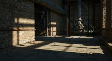 Obraz premium An abandoned industrial interior bathed in sunlight