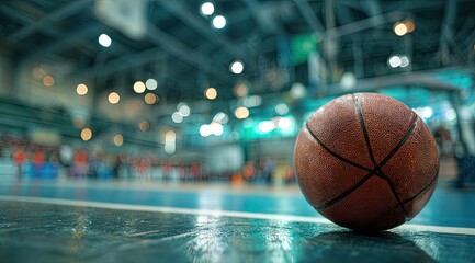 Basketball on court, indoor arena. Blurred figures in the background