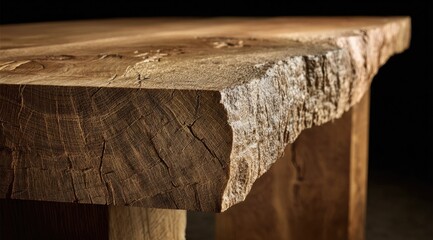 Close-up of a rustic wooden table edge