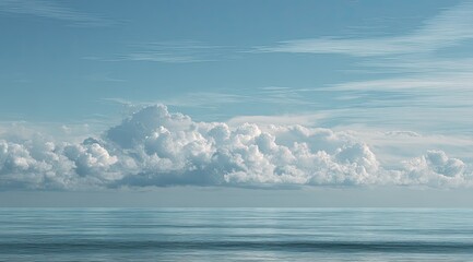 Calm ocean meets a serene sky dotted with fluffy clouds