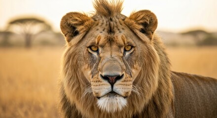 Fototapeta premium Close-up of a lion, golden-toned fur, intense gaze