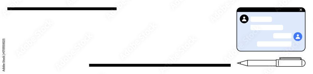 Poster user profile window with text fields adjacent to a pen, illustrating online form completion, digital