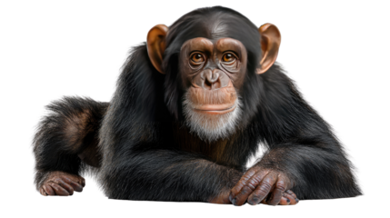 Smiling Chimpanzee Portrait: A charming chimpanzee gazes directly at the viewer, its expressive face revealing a hint of a smile, showcasing intelligence and the unique personality.