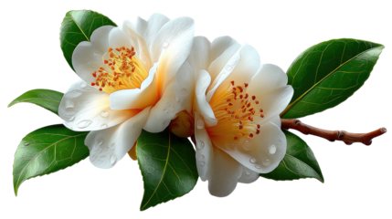 Beauty Blooming: A vibrant pair of camellia flowers, their delicate petals and radiant yellow stamens, on a brown branch. The glossy green leaves add lushness and a striking contrast.