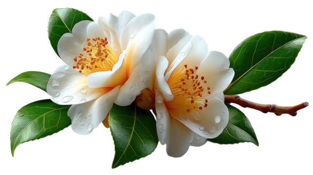 Beauty Blooming: A vibrant pair of camellia flowers, their delicate petals and radiant yellow stamens, on a brown branch. The glossy green leaves add lushness and a striking contrast.