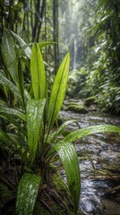 Obraz premium Vibrant Green Fern By Rainforest Stream