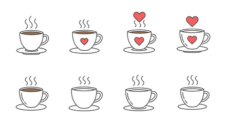 coffee cups with hearts and steam arranged neatly