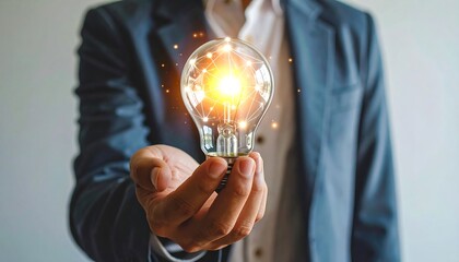 A person holds a glowing lightbulb, symbolizing innovation and creative ideas.