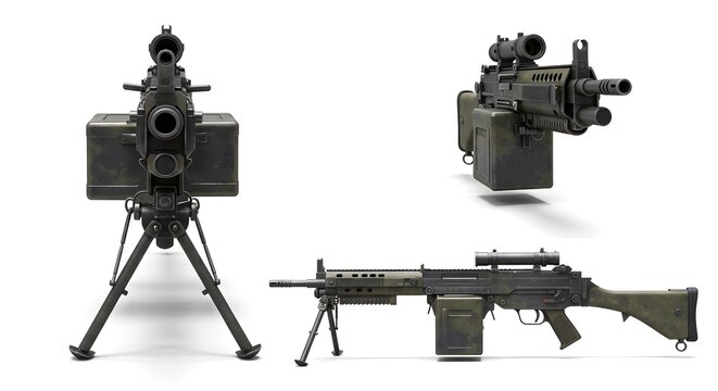 Top and Side Views of an M249 SAW Light Machine Gun with Bipod and Ammo Box on White Background