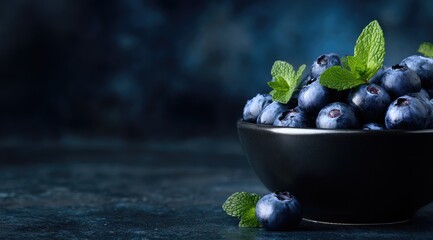 Fresh blueberries in a dark bowl on a dark surface, with mint sprigs