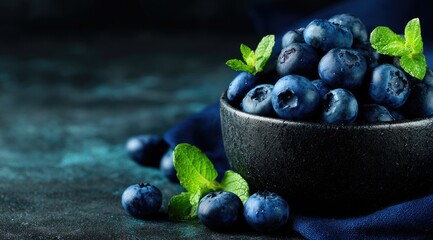 Fresh blueberries in a dark bowl, with fresh mint leaves