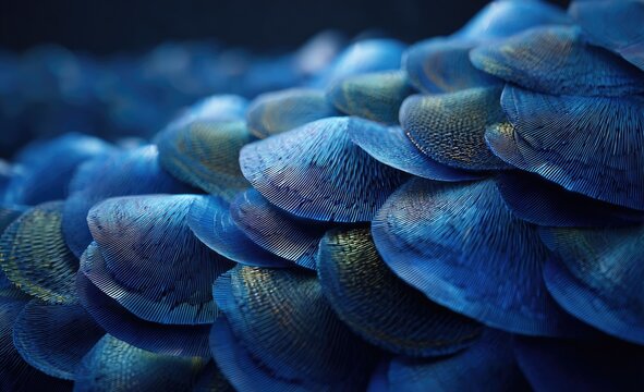 Close-up of overlapping, stylized,  blue and gold scales