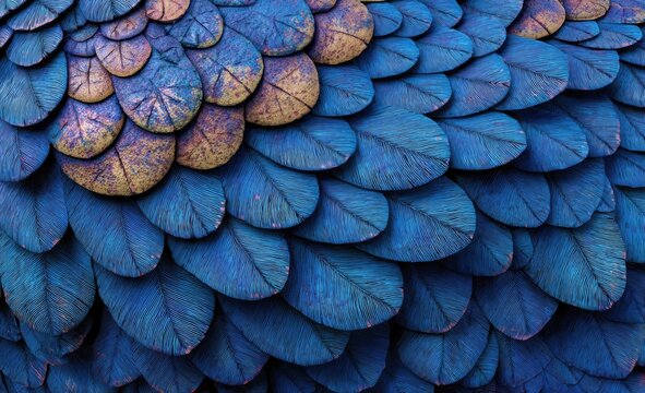 Close-up view of textured, overlapping, stylized feathers.  Deep blues and muted bronze/gold hues create a layered effect