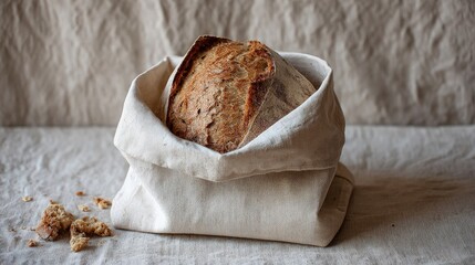 Artisan Loaf Of Bread In Linen Bag