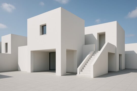 Minimalist white cubic architecture with geometric precision and contemporary spatial design concepts