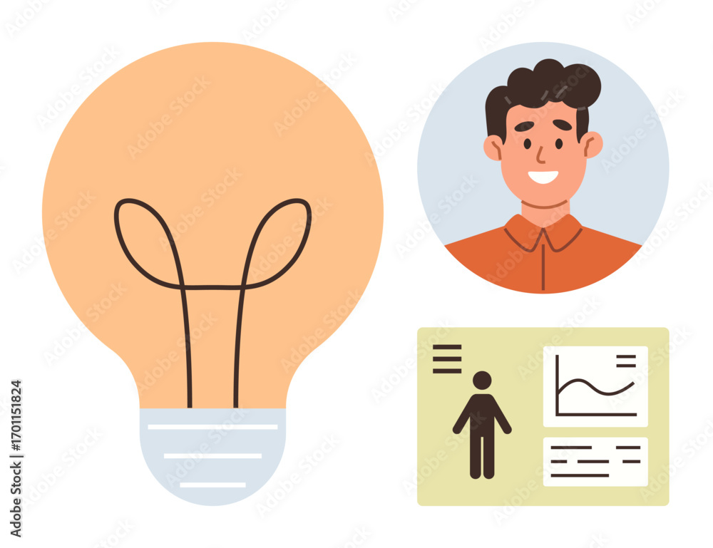 Poster lightbulb symbolizing ideas next to smiling man portrait and infographic chart. ideal for innovation