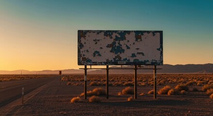 Empty billboard at sunset over a desert highway