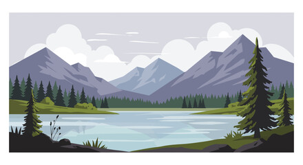 a serene lake surrounded by majestic mountains and lush green trees © Lhvect02