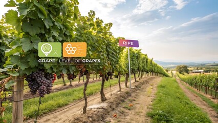 View of vineyard with ripe grapes and signage on a sunny day time