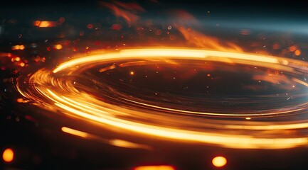 Fiery, swirling ring of light against a dark backdrop. Intense, glowing orange-yellow energy. Abstract, cosmic, or futuristic