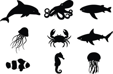 Silhouettes of various marine animals including dolphin, octopus, fish, jellyfish, crab, shark, seahorse, and clownfish vector set illustration.