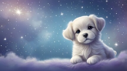 Adorable white puppy dreaming under the stars, a magical illustration for children's books and whimsical designs