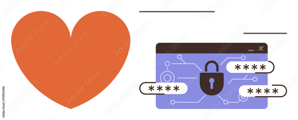 Poster orange heart alongside a locked browser window with input passwords and circuit design. ideal for da
