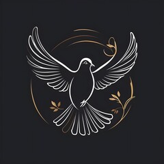 Fototapeta premium Elegant white dove illustration evoking peace and hope with golden decorative elements on black backdrop