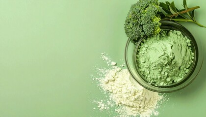 Green Powder and Broccoli on Sage Green Background