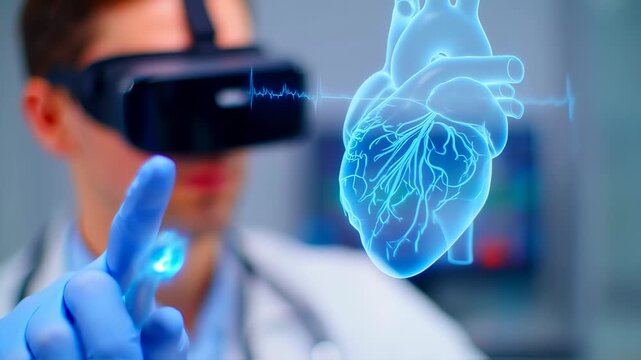 VR medical professional examining a 3D heart model