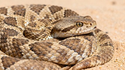 Obraz premium Rattlesnake coiled on sandy ground, ready to strike, good for themes of danger, wildlife, or desert habitats