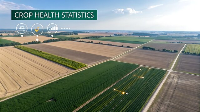 Aerial view of farmland with crop health statistics overlayed