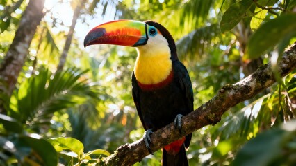Obraz premium Toucan perched on a tree branch with a vibrant colorful beak in a sunny tropical jungle, perfect for showcasing exotic wildlife and natural beauty