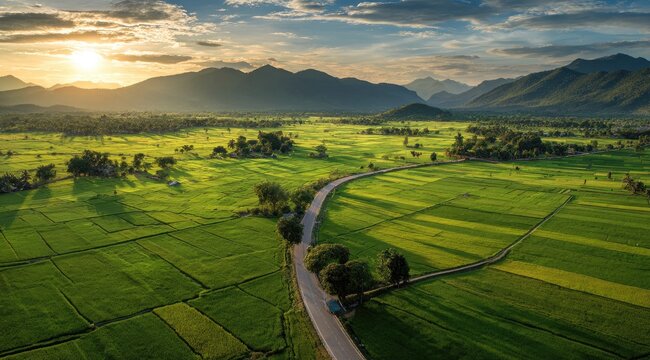 Aerial view of a winding road through lush green rice paddies, with mountains in the background at sunset