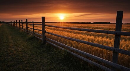Obraz premium Golden sunset over a field, with a rustic wooden fence