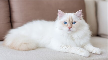Obraz premium Elegant fluffy ragdoll cat with striking blue eyes and soft white fur relaxing comfortably on indoor sofa, adorable pet concept for animal care, cozy lifestyle and stylish modern home decor design