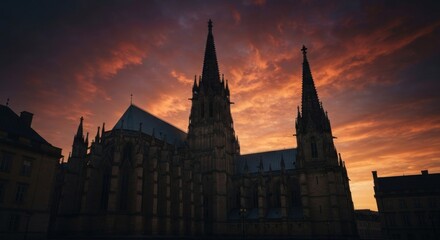 Gothic cathedral silhouette against fiery sunset