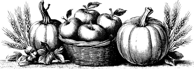 Vintage harvest fruits and vegetables basket illustration for autumn decor
